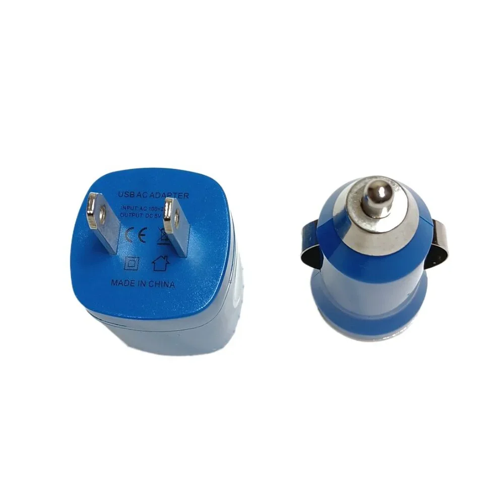 USB Wall Charger + USB Car Charger 2-Pack Blue AC/DC Fast Charge USB Ports New